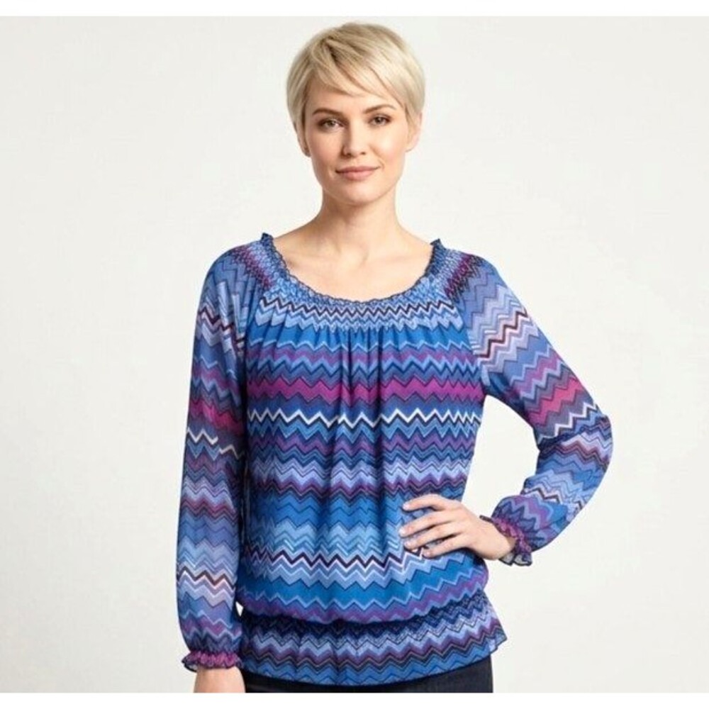 INC International Concepts Blouse Womens 0X Blue Purple Chevron 3/4 Slv Ruffle